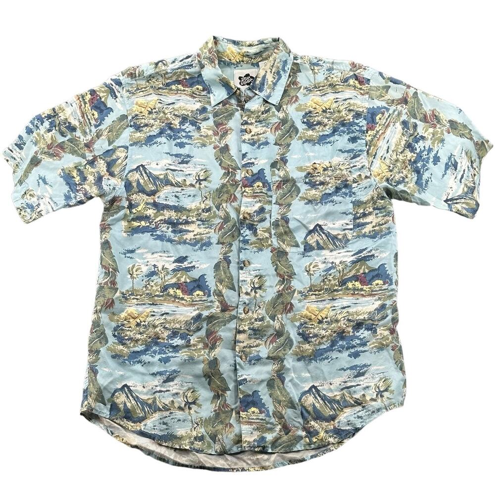 Hilo Hattie Shirt Men Small Blue Green Hawaiian 100% Silk Islands Tropical Beach